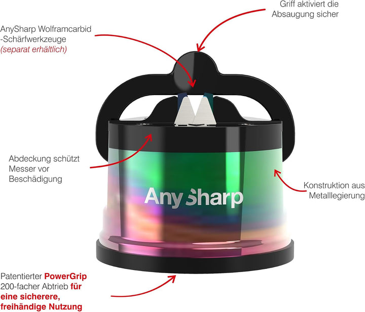 AnySharp Pro Metall Messerschärfer, Freihändige Sicherheit, PowerGrip Saugnapf, Schärft alle Küchenm