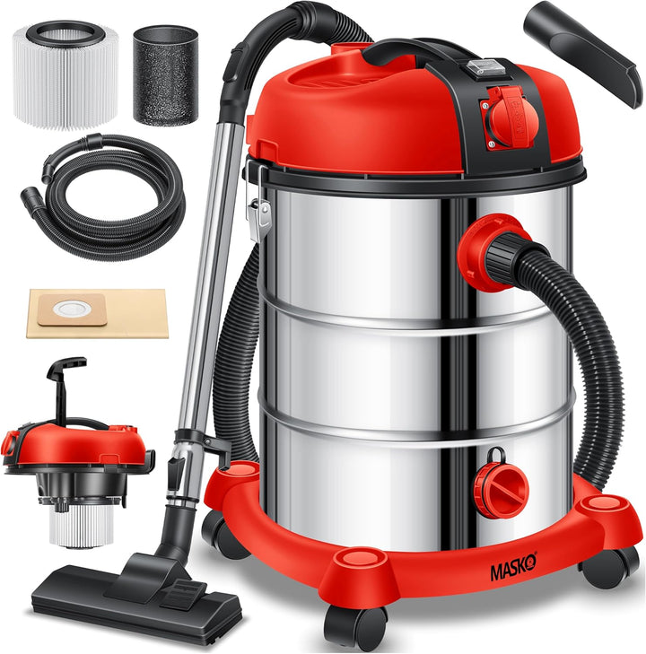 Masko® Industriestaubsauger Staubsauger Nass Trocken Sauger Edelstahl 2300W + Steckdose | Blasfunkti