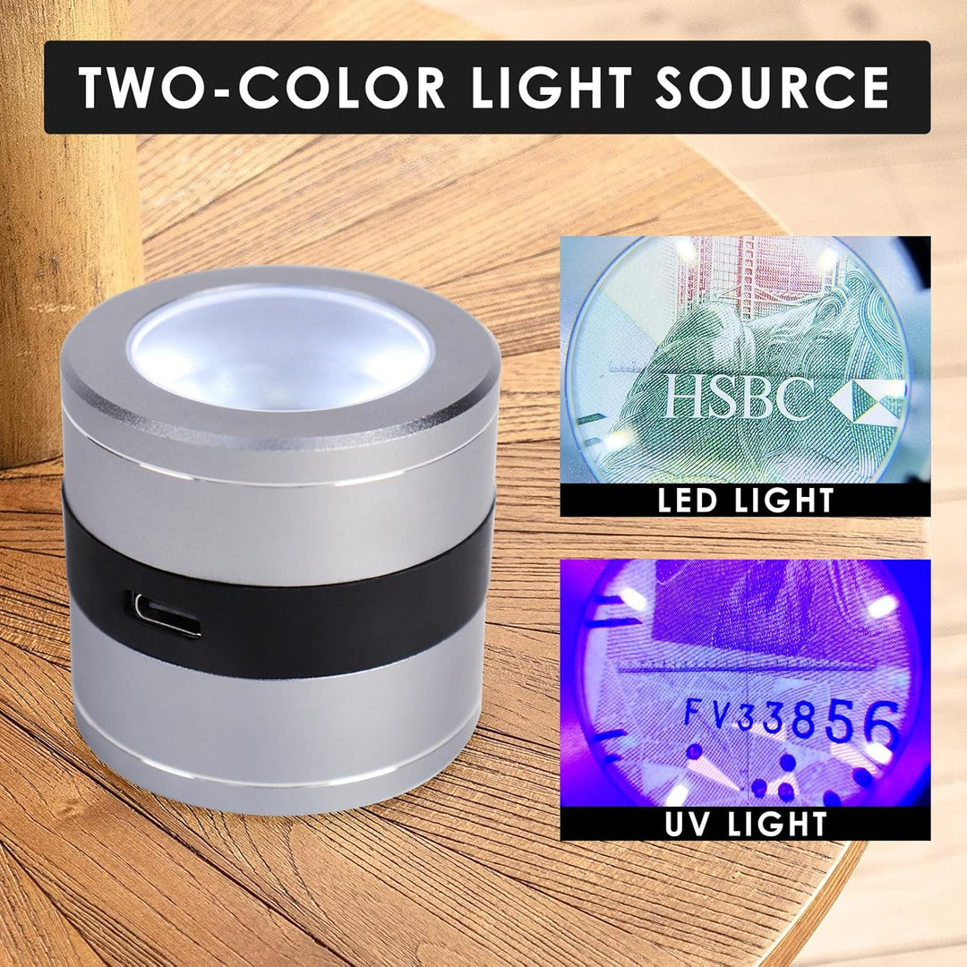10X Juwelierlupe mit LED- und UV-Licht, metrischer Skala, USB-LED-Ladeanzeige. Ideal für Schmuck, Te