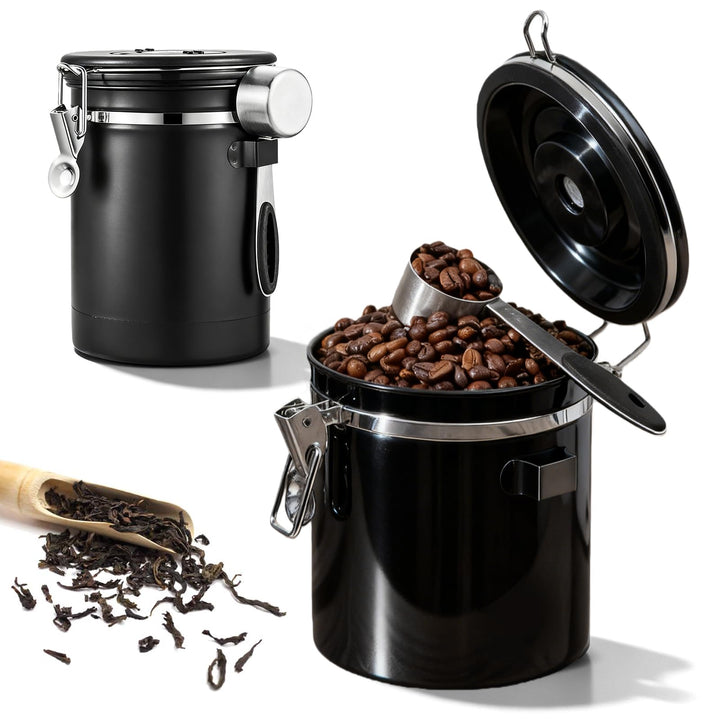 PORFOYO Kaffeedose Luftdicht, 2,8 L Vakuum Kaffeedose, Edelstahl mit CO2-Ventil, Messlöffel & Datums