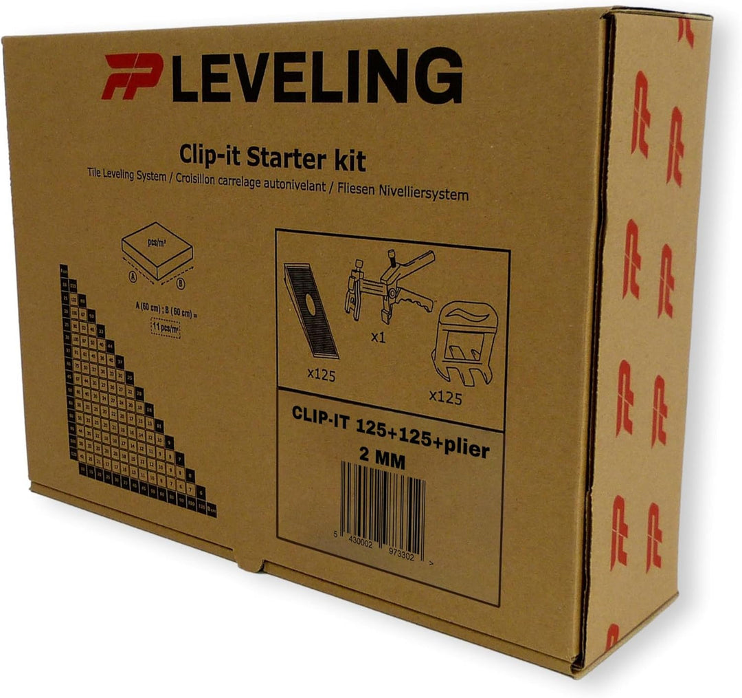 Clip-it Fliesenverlegehilfe PRO Starterset 2 mm - 125 Zuglaschen + 125 Keile + 1 Nivellierzange - 6-