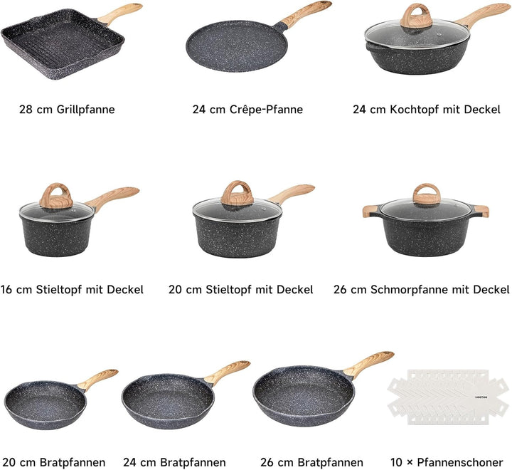JEETEE Topfsets Pfannenset 23-Teilig, Antihaft-Granit Topf und Pfannenset mit Glasdeckeln, Topfset I