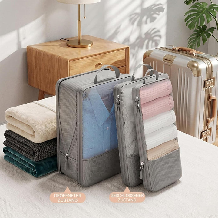 Koffer Organizer, 6er Set Packing Cubes Kompression Beige mit Langgriff, Premium Packwürfel für Reis