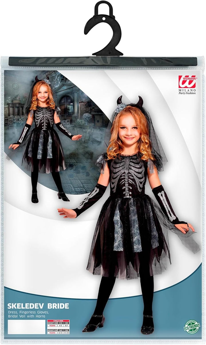 "SKELEDEV BRIDE" (dress, fingerless gloves, bridal veil with horns) - (140 cm / 8-10 Years), 140