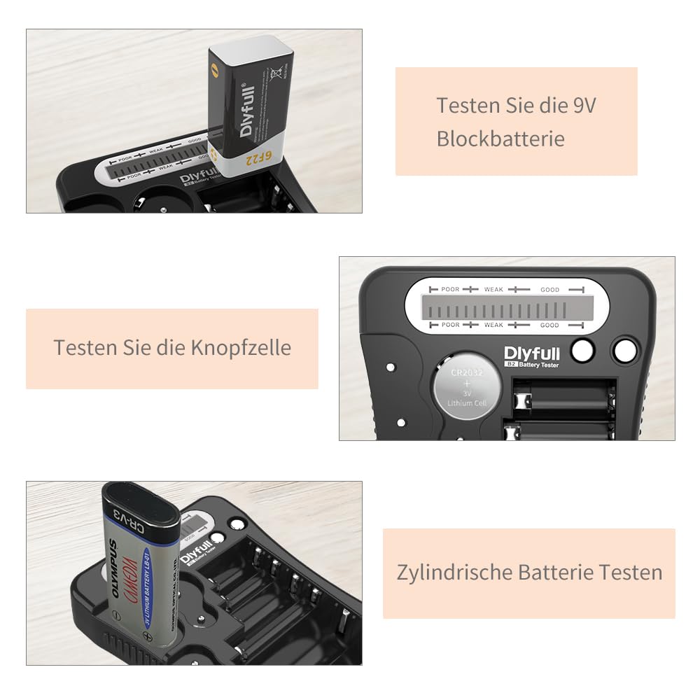 Dlyfull LCD Universal Batterietester für AA AAA C D 9V Digitaler Testgerät für CR123A CR2 CRV3 2CR5