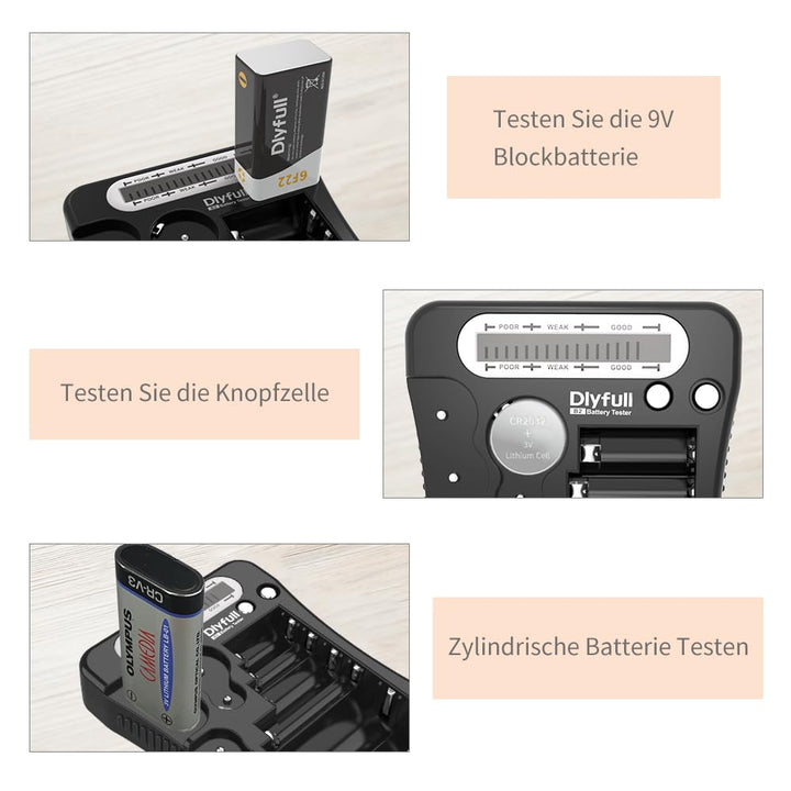 Dlyfull LCD Universal Batterietester für AA AAA C D 9V Digitaler Testgerät für CR123A CR2 CRV3 2CR5