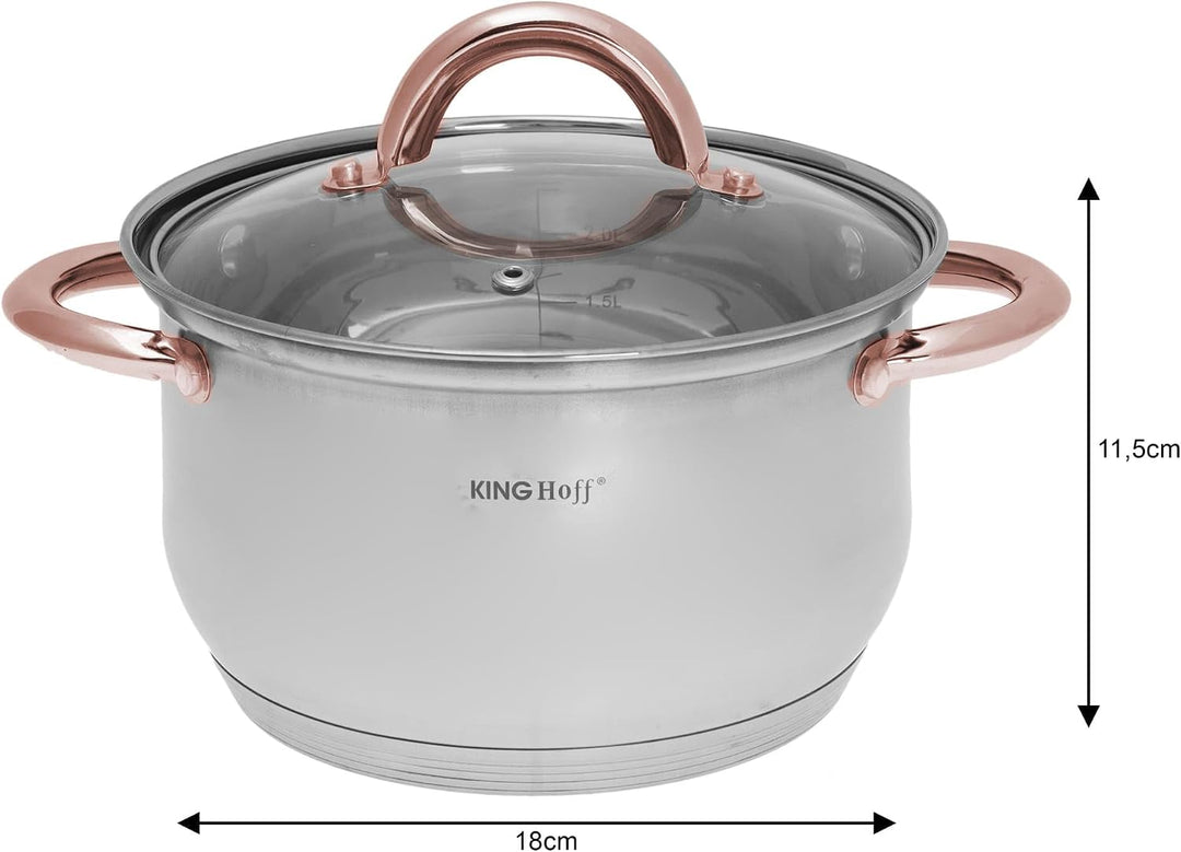 Kinghoff Topfset Induktion, Kochtopf Set mit Glasdeckel, Kochgeschirr aus Edelstahl aussen mattiert,