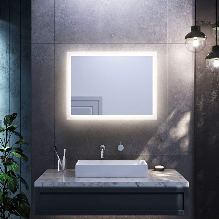 SONNI Badspiegel mit LED-Beleuchtung 80×60 cm Warmweiss Wandschalter Badezimmerspiegel Wandspiegel I