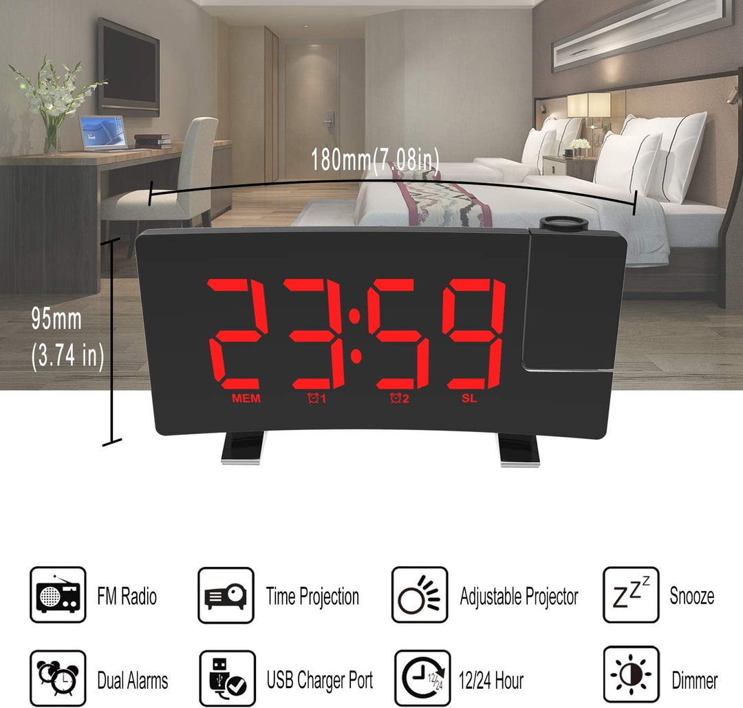 ThreeH Projektionswecker mit USB-Telefonladegerät Radiowecker mit 2 Wecktönen/4 Dimmer/180° drehbar/