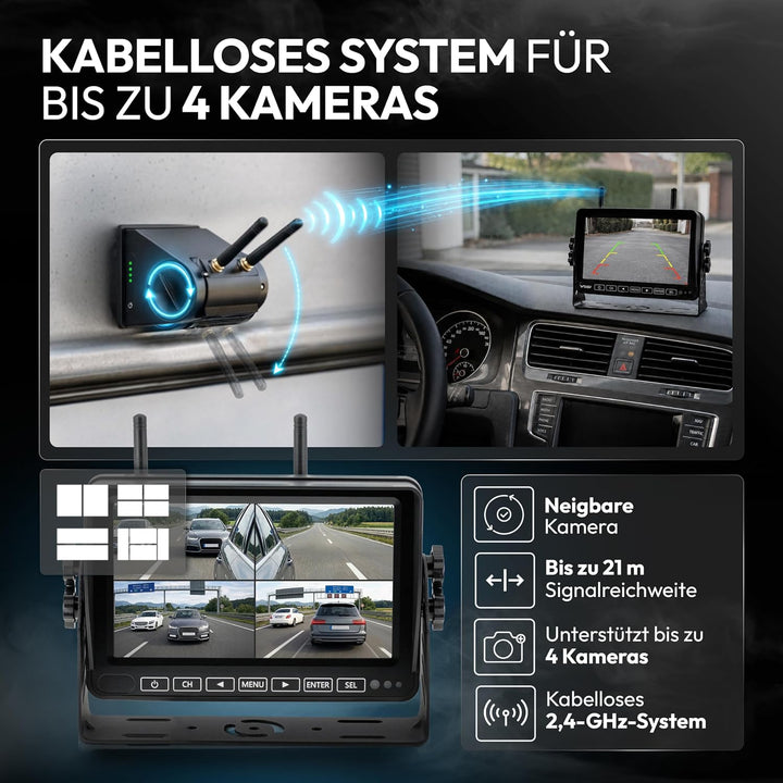 VSG24 7“ Element HD Funk Rückfahrsystem Akku Magnet für Wohnmobil & LKW, KFZ Set Rückfahrkamera kabe