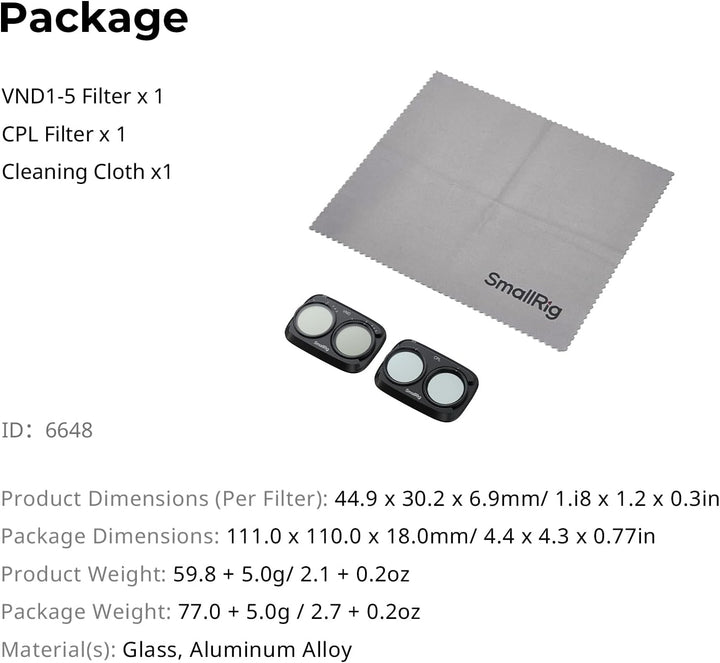 SMALLRIG Filterset für DJI Osmo Pocket 4P, Variabler ND2-32- und CPL-Filter für DJI Osmo Pocket 4P,