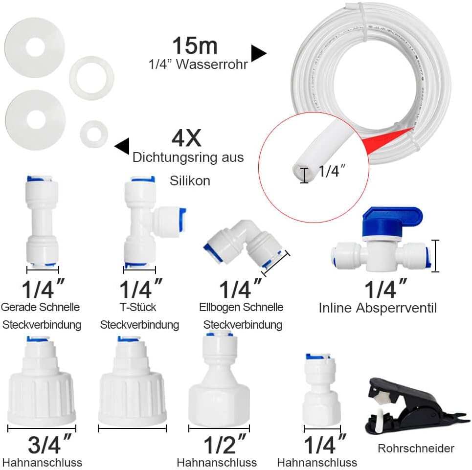 15M Universal Wasserzulaufleitung Anschluss-Set für Kühlschrank,Umkehrosmose Filter,Wasserfilter,Tri