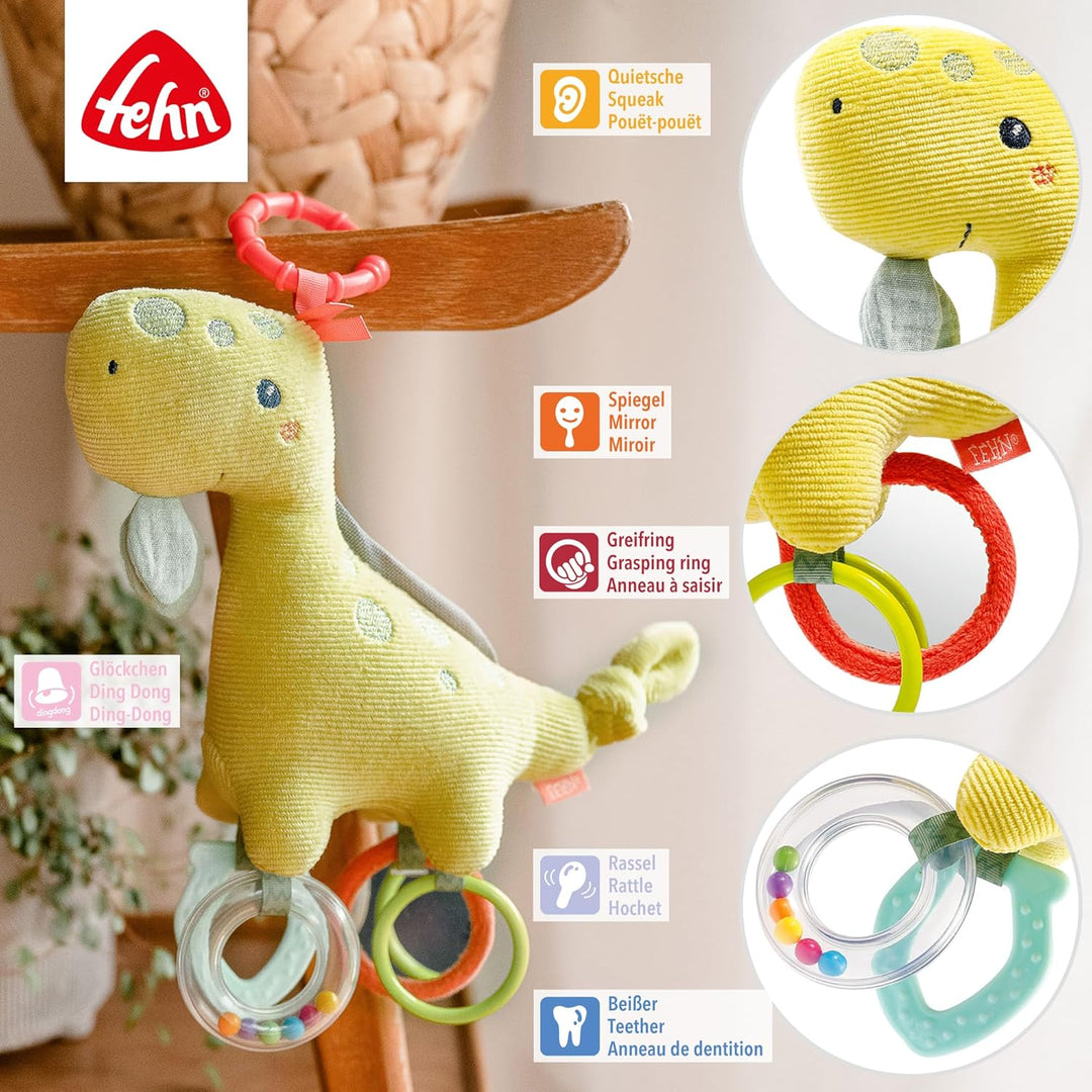 Fehn Activity Spielzeug Dino - Motorikspielzeug mit Befestigungsring - Baby Spieltier mit Greif Elem