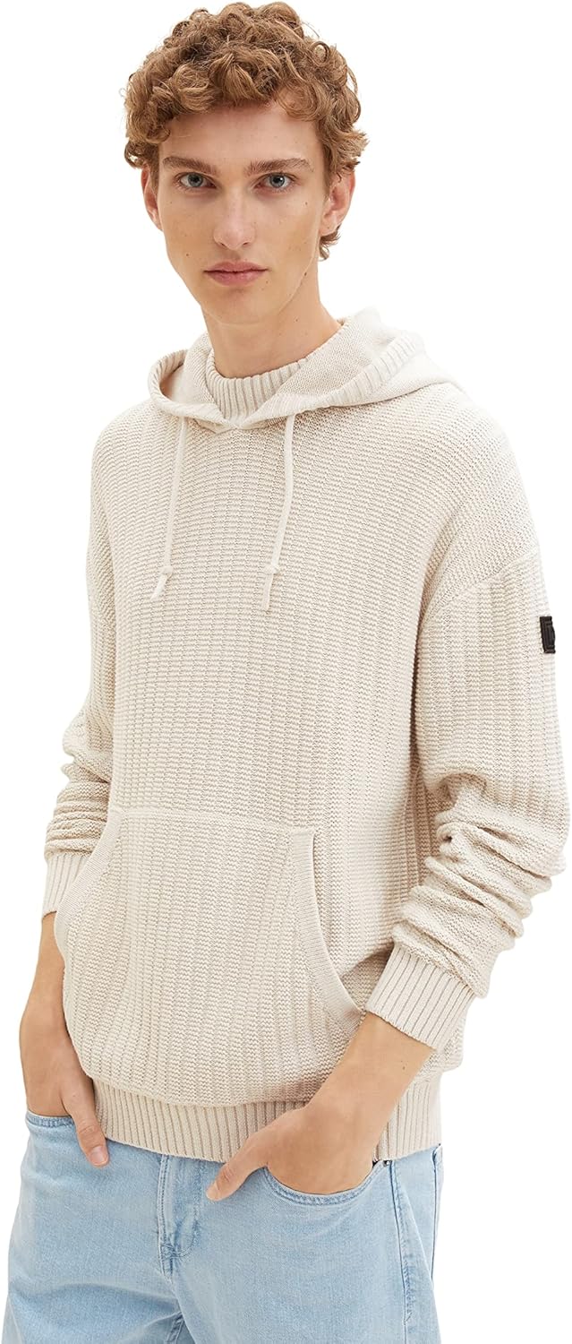 TOM TAILOR Denim Herren Kapuzenpullover mit Rippstruktur M 28225 - Cold Beige Melange, M 28225 - Col