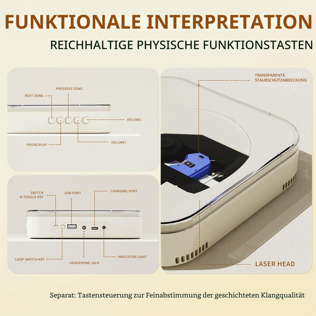 Tragbarer CD-Player mit transparentem Deckel, Lautsprecher, Bluetooth, USB-Anschluss