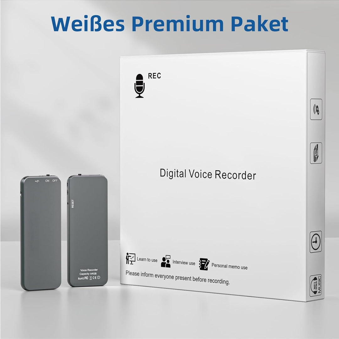 64GB Ponovo Diktiergerät im Schlüsselanhänger-Design mit Metallgehäuse, EIN-Tasten-Bedienung, 1536kb