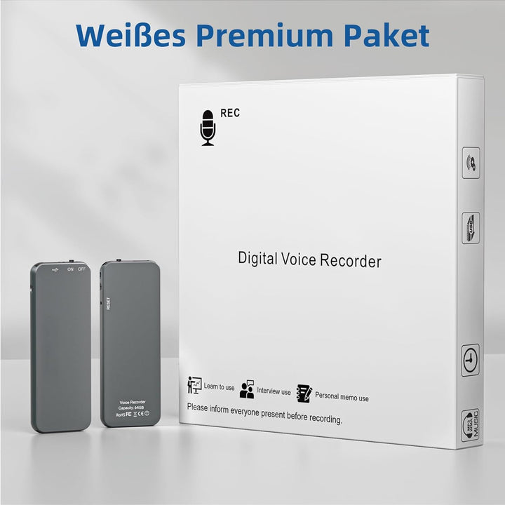 64GB Ponovo Diktiergerät im Schlüsselanhänger-Design mit Metallgehäuse, EIN-Tasten-Bedienung, 1536kb