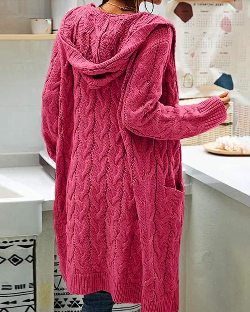 GeGekoko Strickjacke Damen mit Kapuze Langarm Grobstrick-Cardigan Open Front Sweater Herbst Winter C