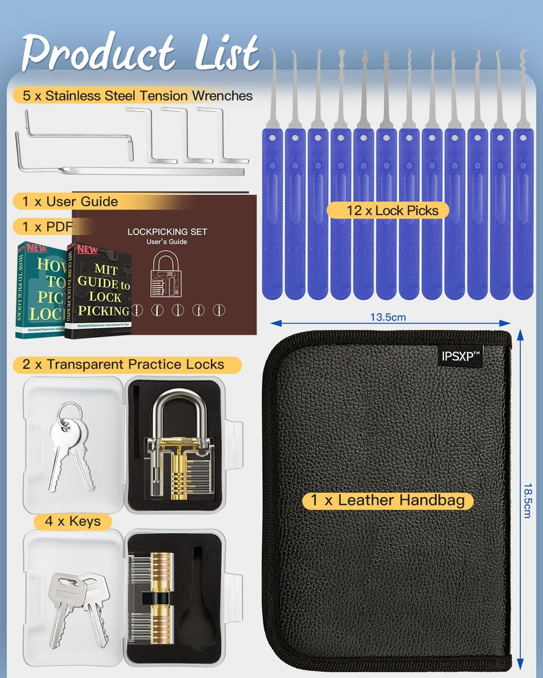 Lockpicking Set, IPSXP 25 Stück Dietrich Set mit 2 Stück Transparent Training Schlössern mit Lederta