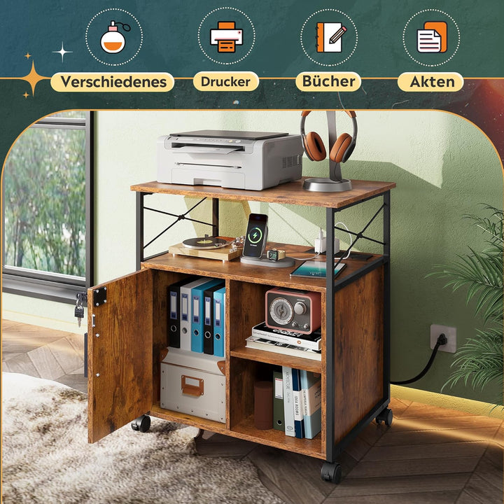DEVAISE Druckertisch mit Ladestation, Rollcontainer mit Rollen und offenen Ablagen, Druckerschrank a
