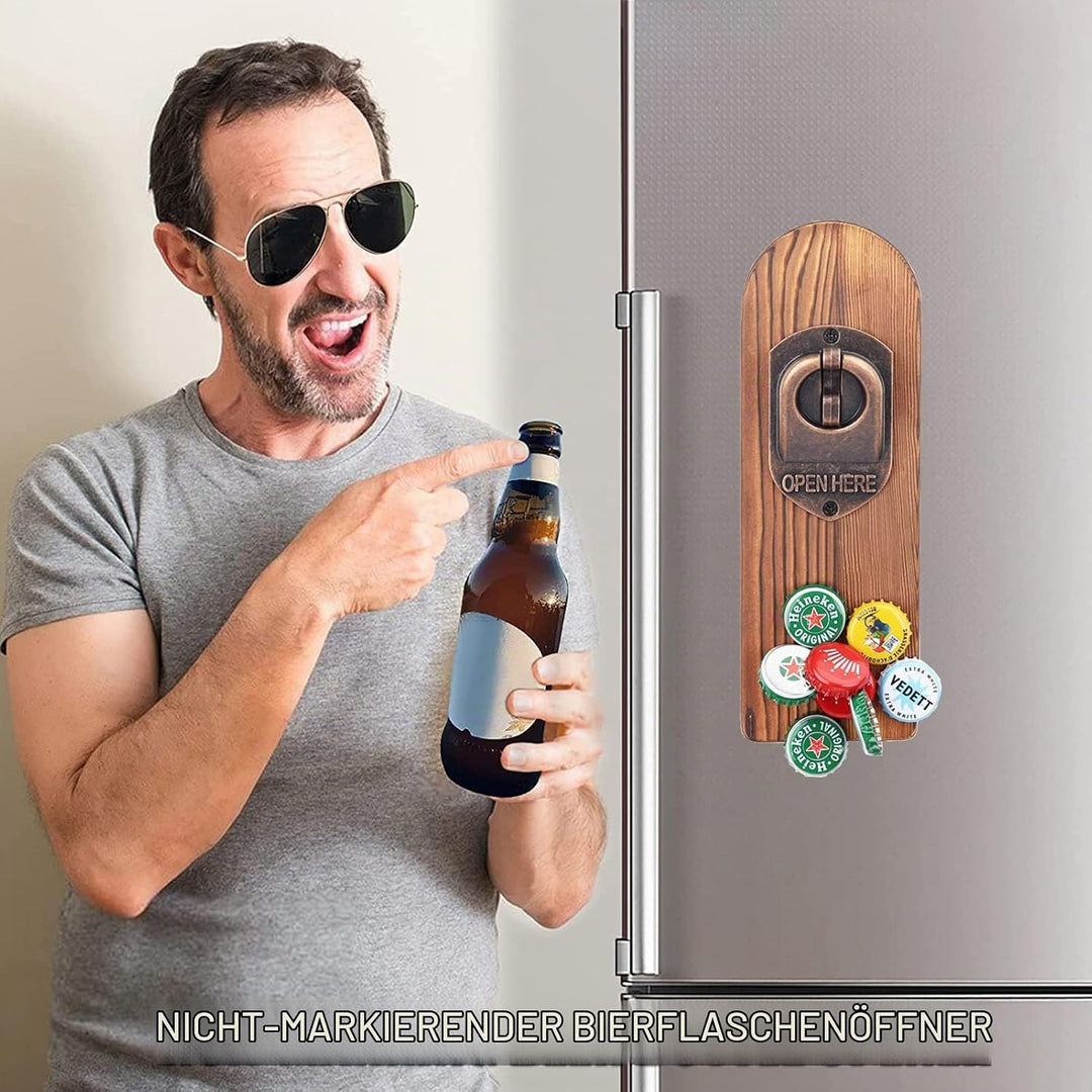 ZONSUSE Flaschenöffner Wand Magnet mit Auffangbehälter,Vintage Holz Bieröffner Wand mit Behälter,Mag