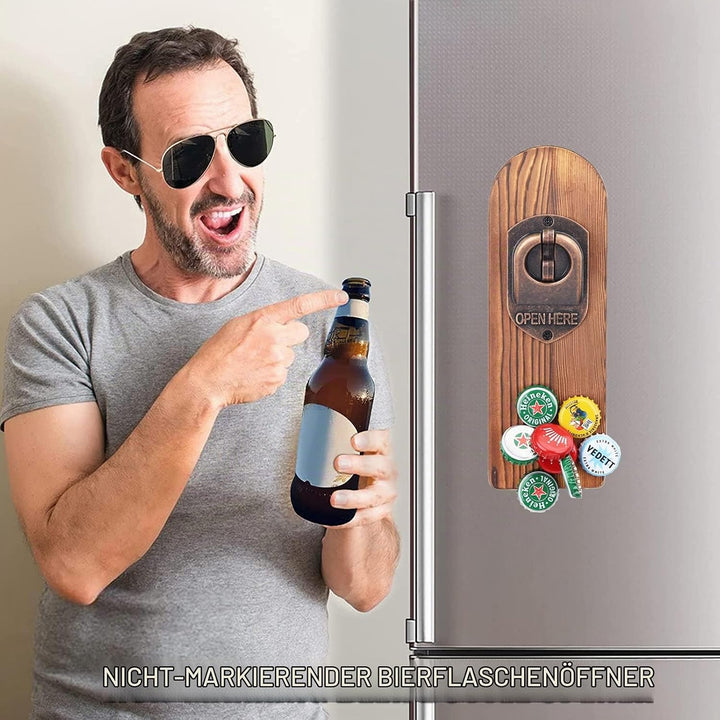 ZONSUSE Flaschenöffner Wand Magnet mit Auffangbehälter,Vintage Holz Bieröffner Wand mit Behälter,Mag