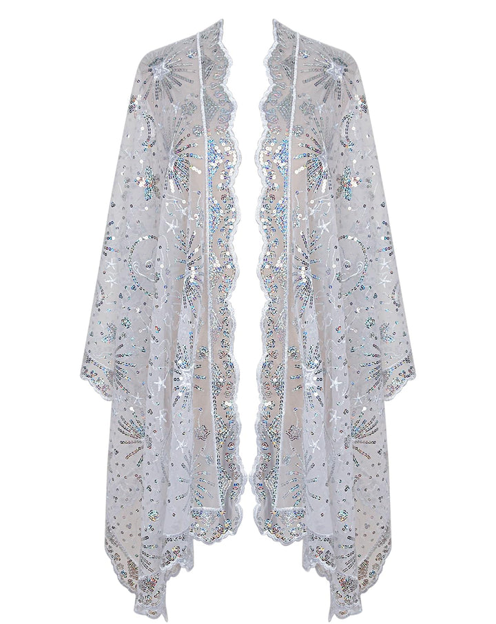 keland Damen Festlich Pailletten Umhang Schal Schultertuch Stola Tuch für Abendkleid A-weiss, A-weis