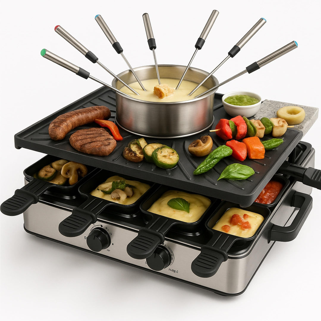 Raclette Fondue Set für 8 Personen mit Pfännchen & Schaber - Rostfrei & Regulierbar (Fondue Set), Fo