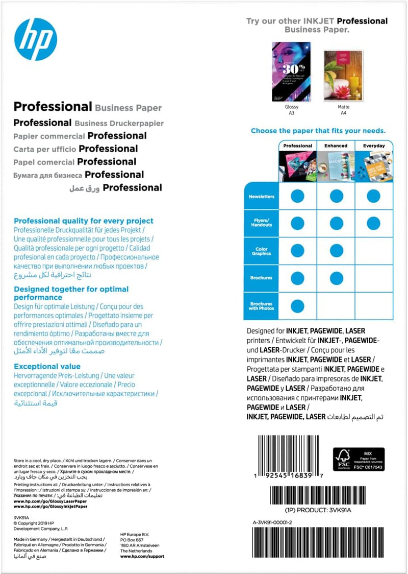 HP InkJet, PageWide und Laser Professional Business Papier (A4, 150 Blatt, glänzend 180 g/m²) glänze