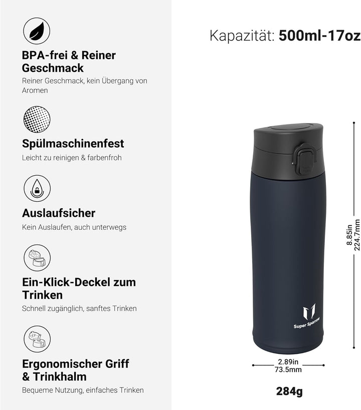 Super Sparrow Trinkflasche Edelstahl - Thermobecher - 500ml, 750ml, 950ml - BPA-Frei Thermosflasche,