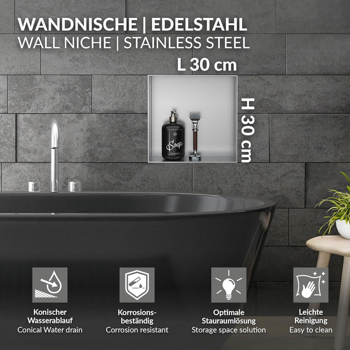 LuxeBath Wandnische aus Edelstahl, 30x30x10 cm, Silber, Duschnische, Randlos, Einbauregal, Flexibler