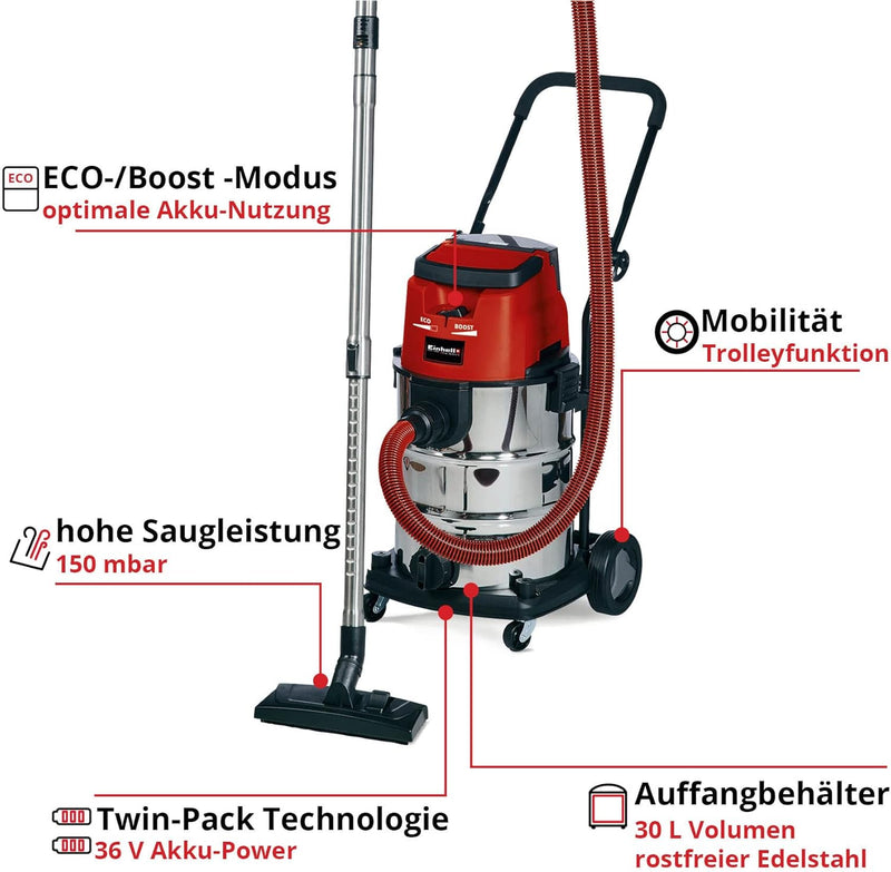 Einhell Akku-Nass-Trockensauger TE-VC 36/30 Li S Power X-Change (Li-Ion, 36 V, ECO/BOOST-Mode, Edels