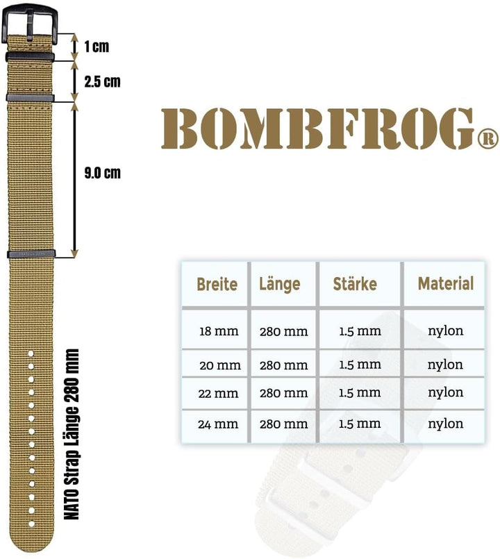 BOMBFROG NATO Strap Uhrenarmband Nylon, Dornenschliesse - Uhrenarmbänder 18 mm 20mm 22mm 24mm, Uhren