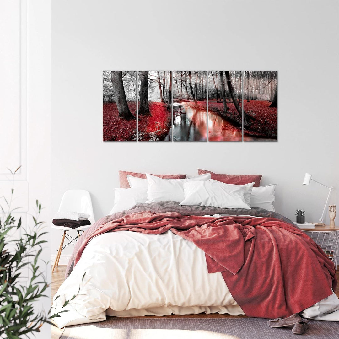 Runa Art Wandbild XXL Wald Landschaft Schlafzimmer Wohnzimmer 200 x 80 cm Rot 5 Teilig - Made in Ger