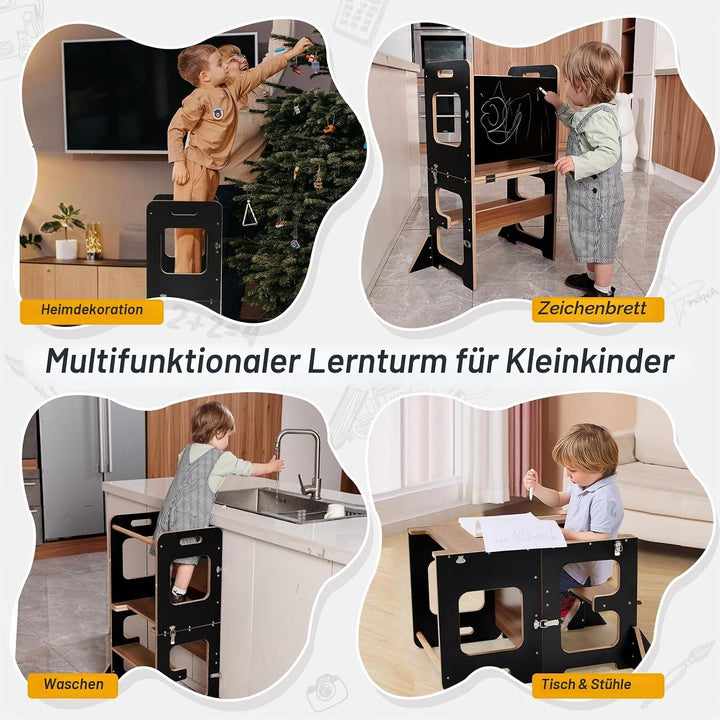 labebe Lernturm für Kinder, Montessori Learning Tower mit Tafel, 3 in 1 Klappbar Multifunktion Lernt