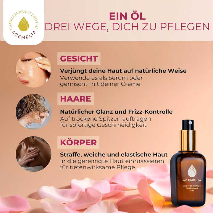 Bio-Kamelienöl 100% naturrein | Feuchtigkeitsspendend und nährend für Gesicht, Haare und Körper | So