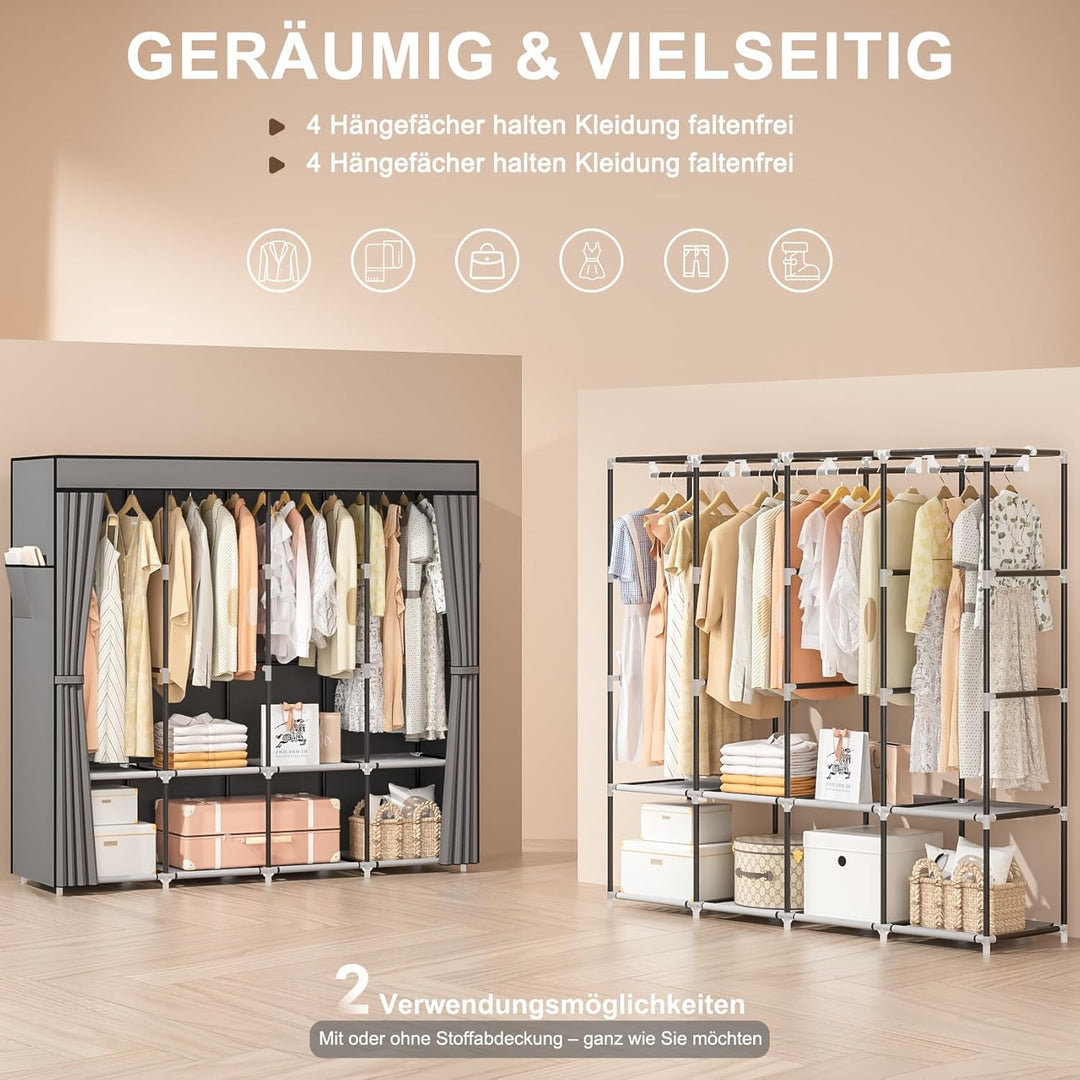 Neatrays Kleiderschrank, Stoffschrank mit 4 Kleiderstange Stabil & 8 Fächern, Faltbarer Kleiderschra