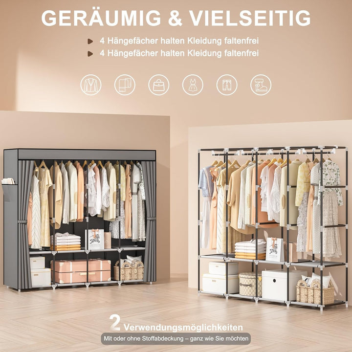 Neatrays Kleiderschrank, Stoffschrank mit 4 Kleiderstange Stabil & 8 Fächern, Faltbarer Kleiderschra