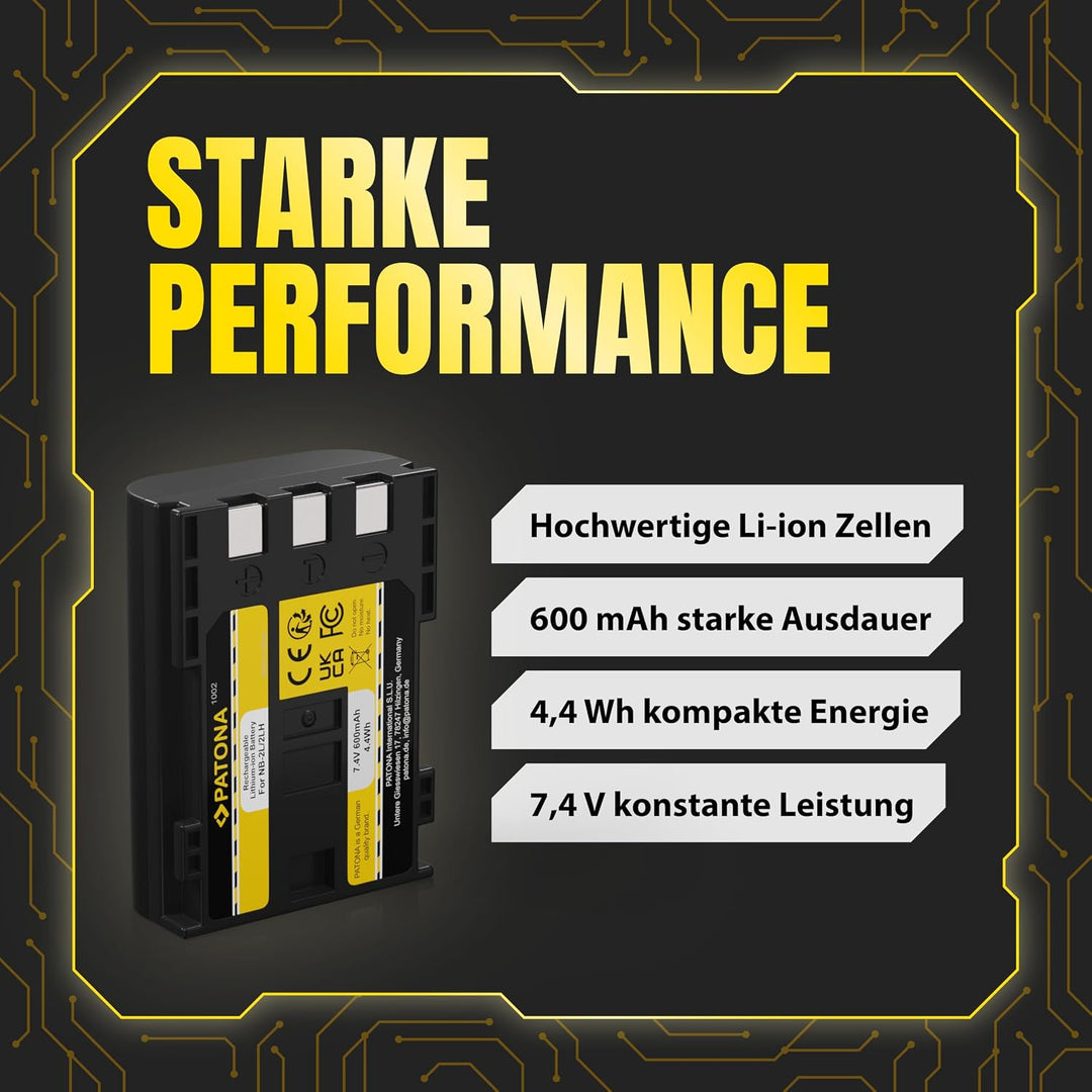 PATONA 2X Akku Ersatz für Canon NB-2L, NB-2LH Battery Pack 600mAh 4.4Wh | Ersatzakku für EOS 350D 40