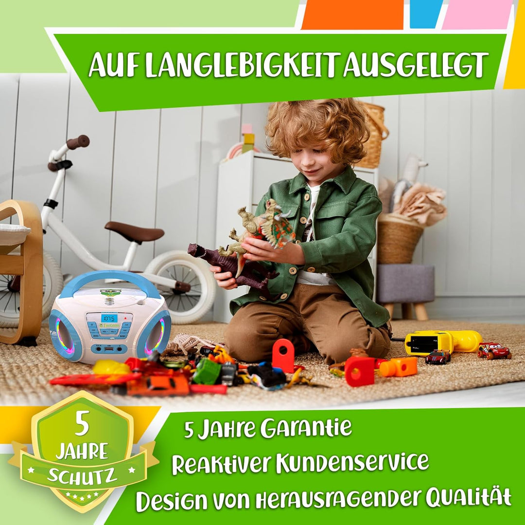 Tinygeeks Tunes Kids CD Player für Kinder - NEU 2024 - UKW-Radio - Inklusive Batterien - Blau - Boom
