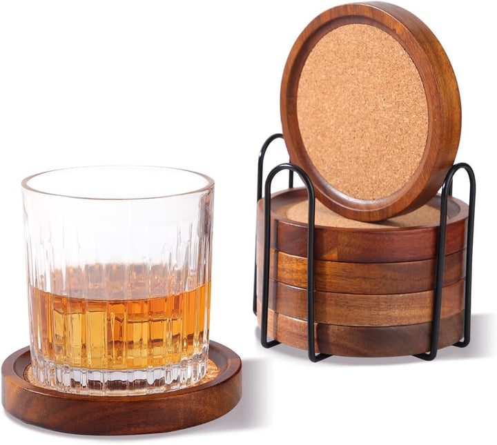 Holz Untersetzer Rund für Gläser 6er Set, Glasuntersetzer aus Akazienholz und Kork mit Halter, Unter