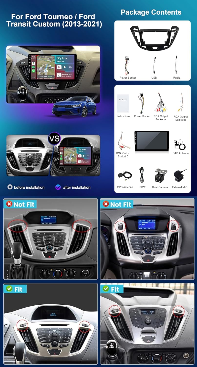 Android 15 IPS Autoradio - [Eingebaut DAB] - Passt für Ford Tourneo Transit Custom (2013-2021) - Kab
