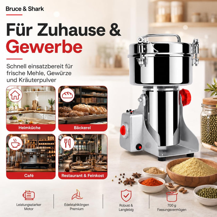 700g Hochgeschwindigkeits Elektrische Getreidemühle für kommerziellen Einsatz, 1800W, Edelstahlkonst