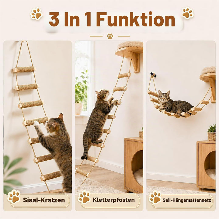 108cm Katzenleiter Wandmontiert, 3-in-1 Sisal Kletterbrücke &amp; Hängematte aus Massivholz, Faltbare Ju
