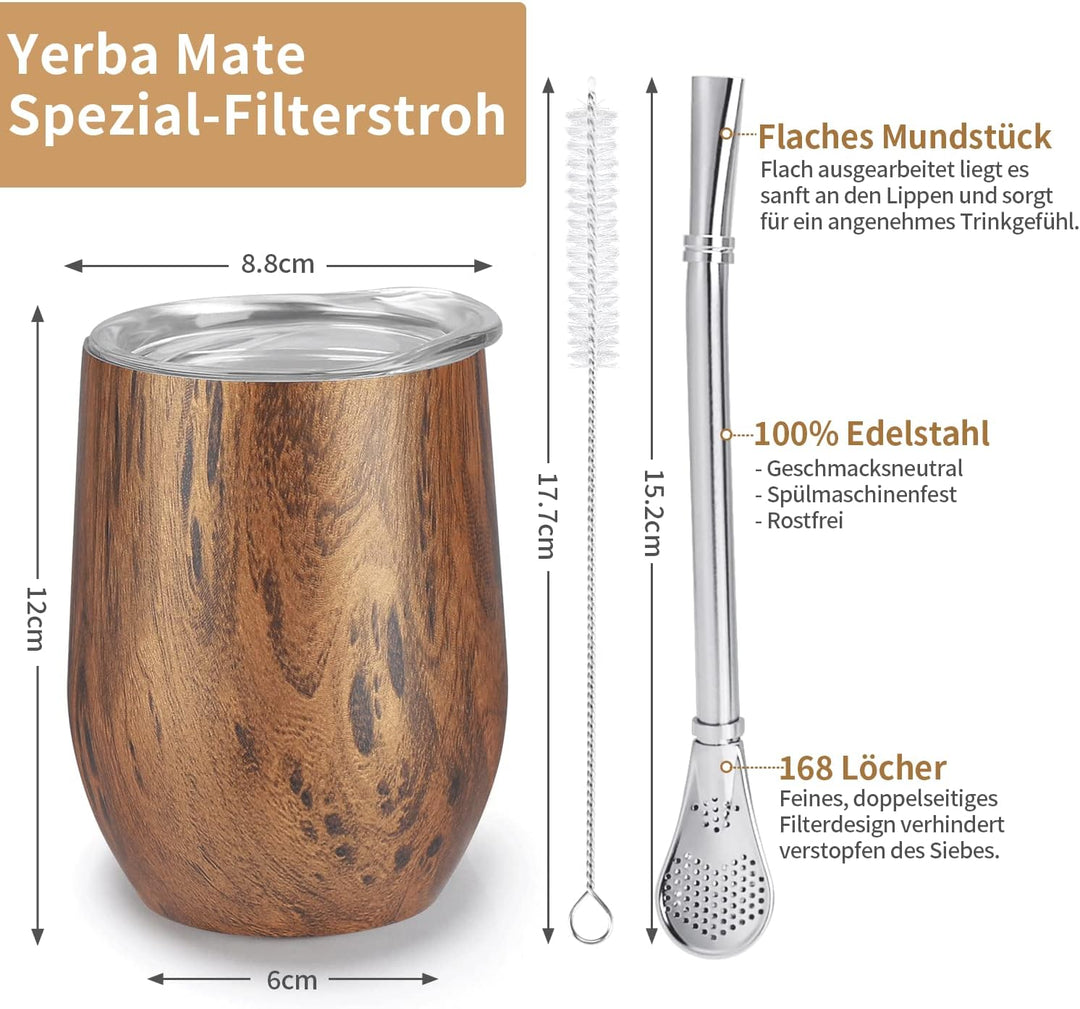 TELANKS Mate Becher, 340 ml Teetassen Set, Edelstahl doppelwand isolier Enthält Bombillas und eine R