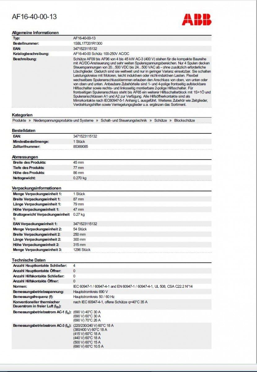 Best Price Square ABB Kontakt, 4P, 100V-250V, 30A AF16-40-00-13
