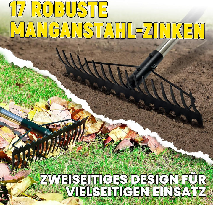Gartenrechen, 1,7m Metallrechen mit 17 Stahlzinken, Harke mit Edelstahlgriff zum Lockern von Boden u