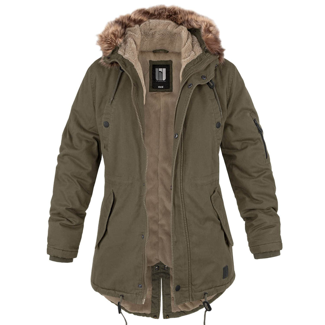 bw-online-shop Ladies Fishtail Winterparka mit Teddyfutter Parka Jacke Wintermantel XS Oliv, XS Oliv