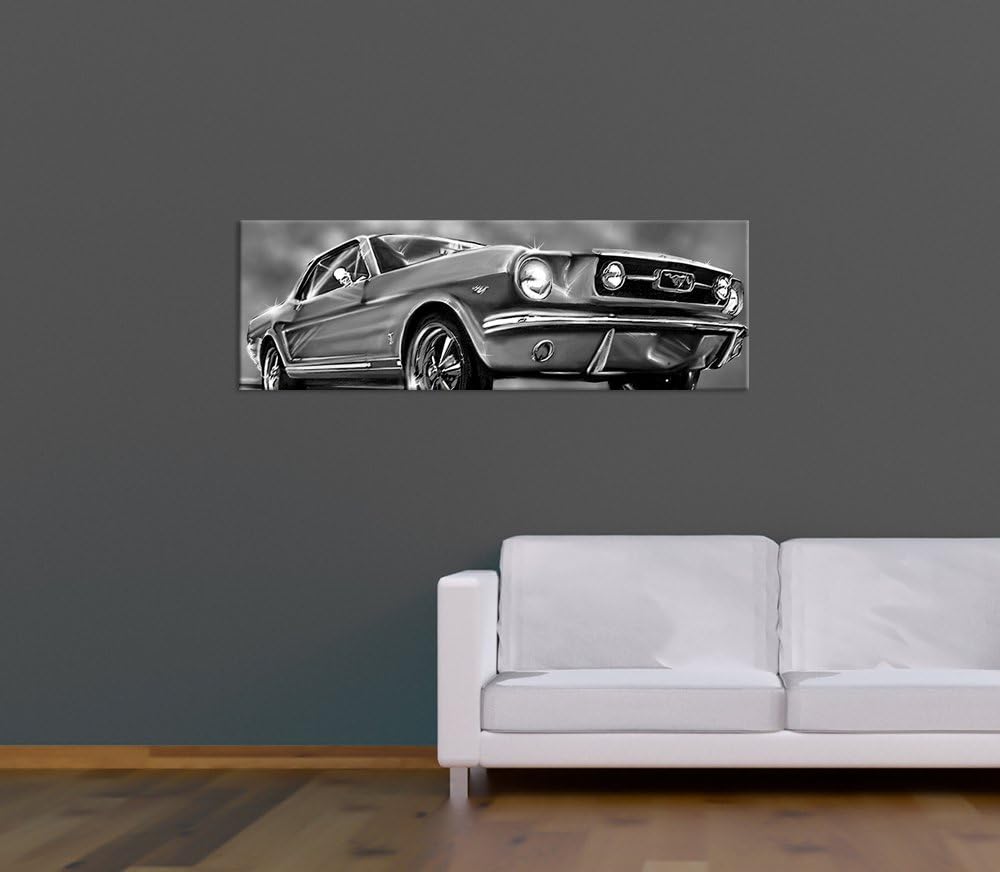Bilderdepot24 Bild auf Leinwand | Mustang Graphic - schwarz weiss I in 120x40 cm als Panorama Wandbi