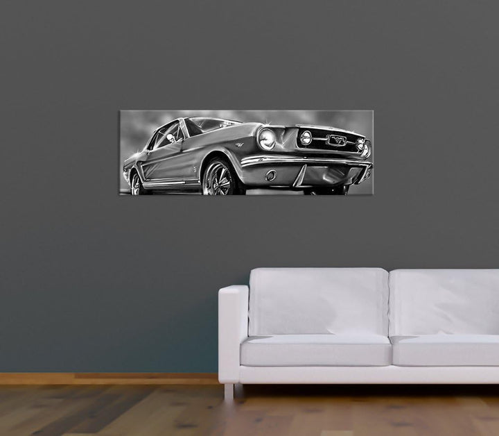 Bilderdepot24 Bild auf Leinwand | Mustang Graphic - schwarz weiss I in 120x40 cm als Panorama Wandbi
